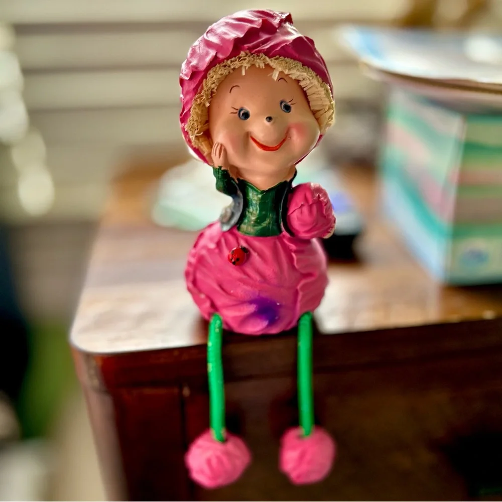 Vintage Pink Sitting Cabbage Girl Farmhouse Cottagecore Ladybug Decor Art - Picture 3 of 10